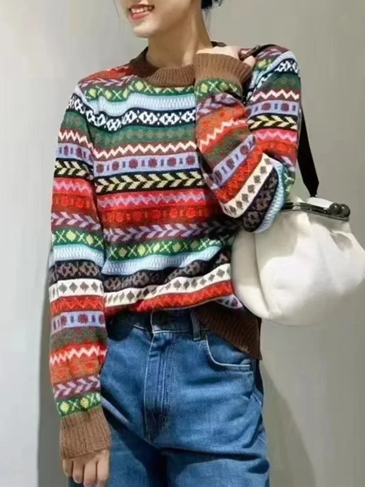 

Women Colorful Jacquard Sweater Casual 2024 Spring New O-Neck Long Sleeve Contrast Color Knitted Pullovers