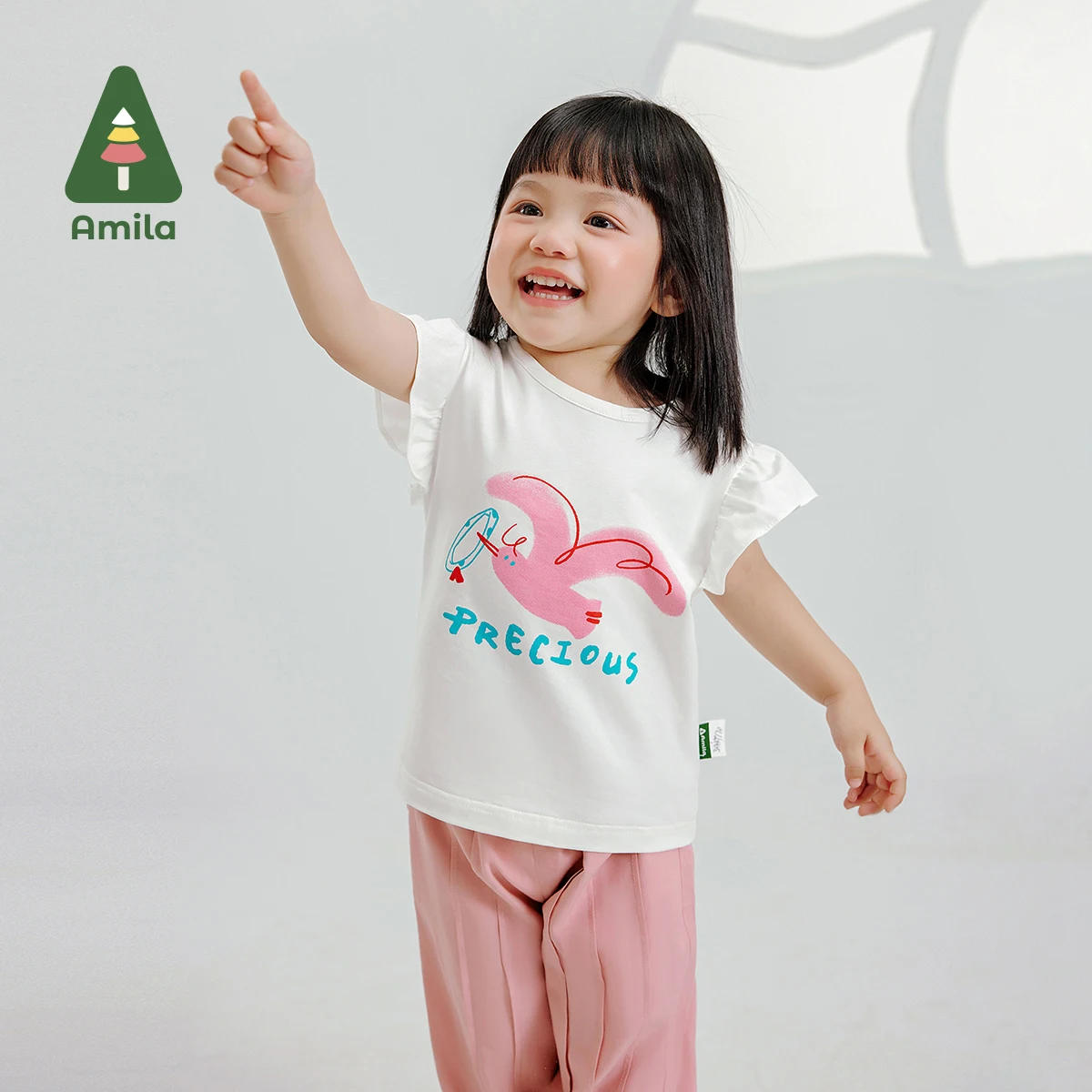Amila Girls' Suit Summer New Small Sleeve Top With Clear Colored Leggings Quiet Boutique Cotton Two-Piece Set