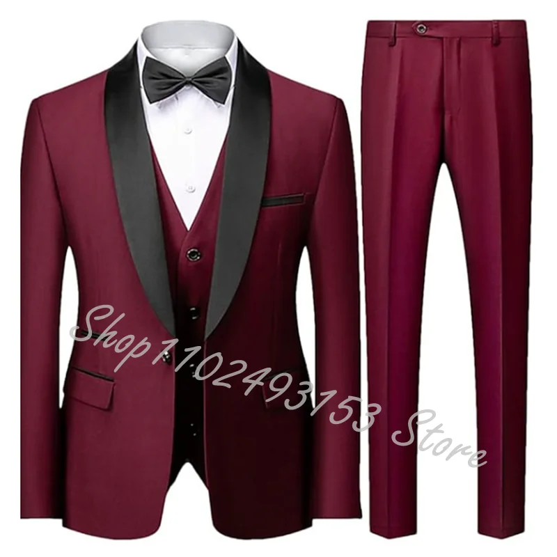Elegant Formal 3 Piece Suits For Men Wedding Tuxedos Shawl Lapel Groomsmen Male Suits Business Party Prom Blazer Costume Homme
