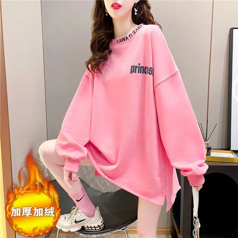 DAYIFUN-Embroidered Letter Sweatshirt Mid-length Long-Sleeve Pullovers Hoodies Monochromatic O-neck Tops Oversized Spring Autumn