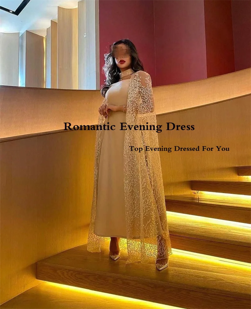 Romantic Elegant A Line Evening Dress Ankle Length Lace Collar Shawl Jacket Saudi Arbia Long Prom Gowns Special Occasion