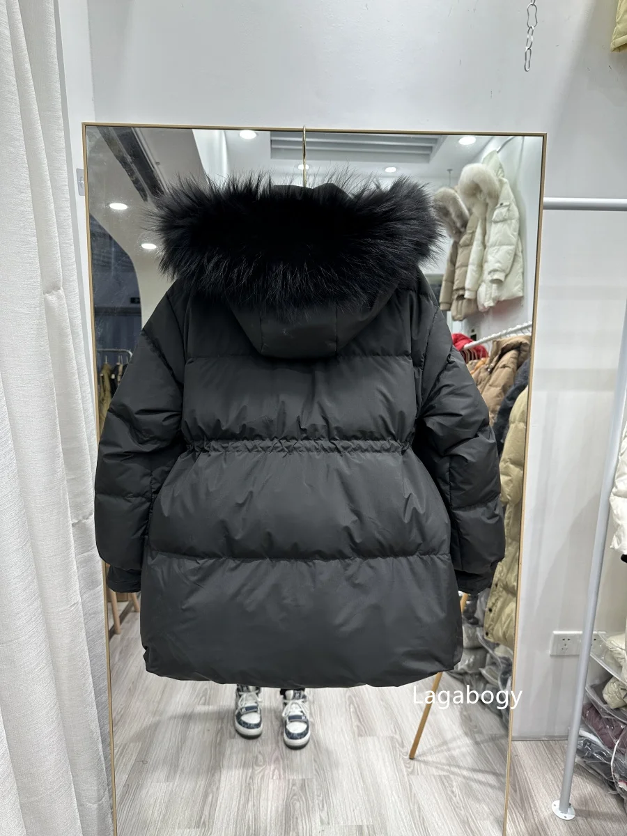 Lagabogy 2025 Winter Women's Medium-Length White Duck Down Jacket Female Thick Waist-Fitted Puffer Coat Large Real Raccoon Fur