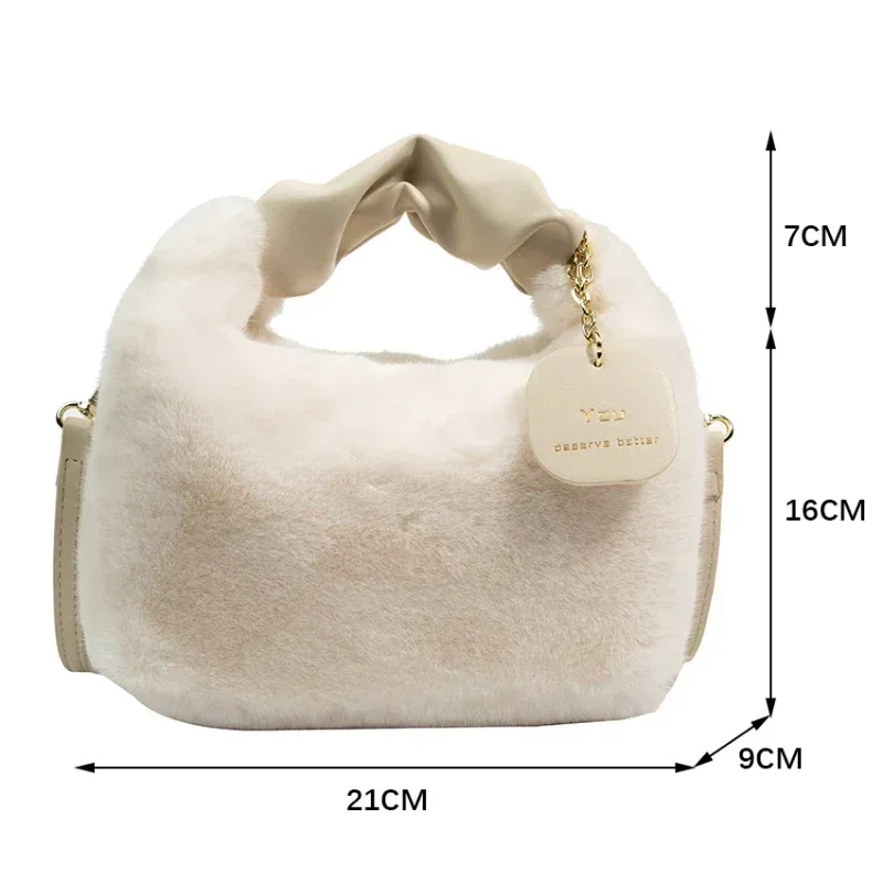 Women Faux Fur Plush Handbags Ruched Handle Small Lady Shoulder Crossbody Bag Casual Tote Half-Moon Hobos Winter Bags for Women - Image 6