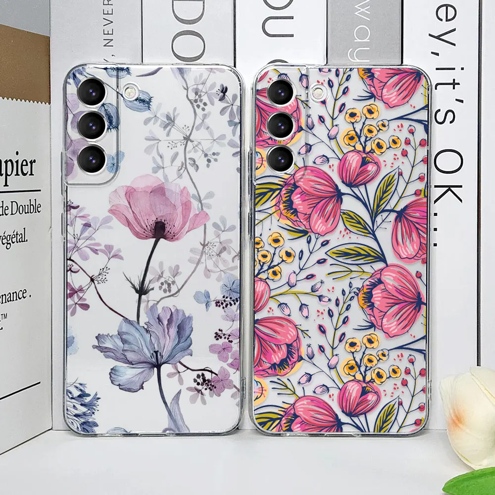 Floral Palm Leaf Painted Transparent Phone Case - Soft Cover with Flower Design