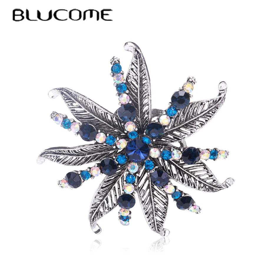 

Blucome Vintage Silver Color Leaf Crystal Flower Brooch Women Girls Shirt Should Scarf Hats Accessories Gold Color Corsage Pins
