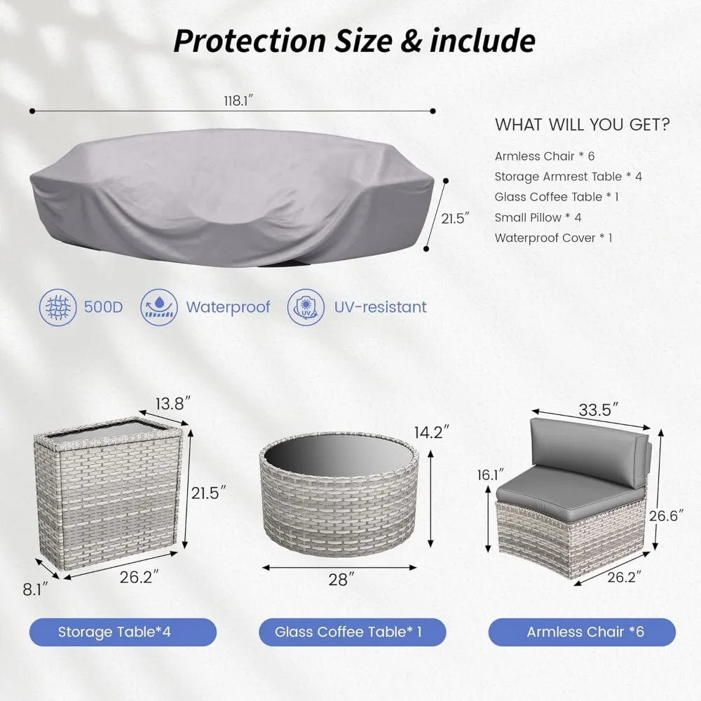 Patio Sectional Furniture Outdoor 11-Piece, Rattan Curved Sofa Set with Storage Table, Pillows, Fit for Pool Backyard Balcony 5