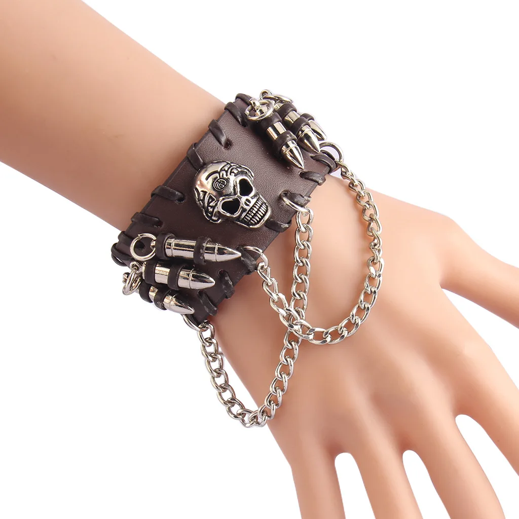 Fashion Gothic Punk Skull Metal bullet Leather Bracelet Men Bracelets & Bangles Male Arm Jewelry Red and black 2022 Accessor 6