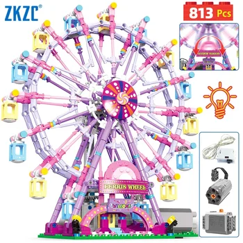 ZKZC Cherry blossom color City Friends Seven Colors LED Rotating Ferris Wheel Building Blocks Electric Bricks Toy Children Gifts 1