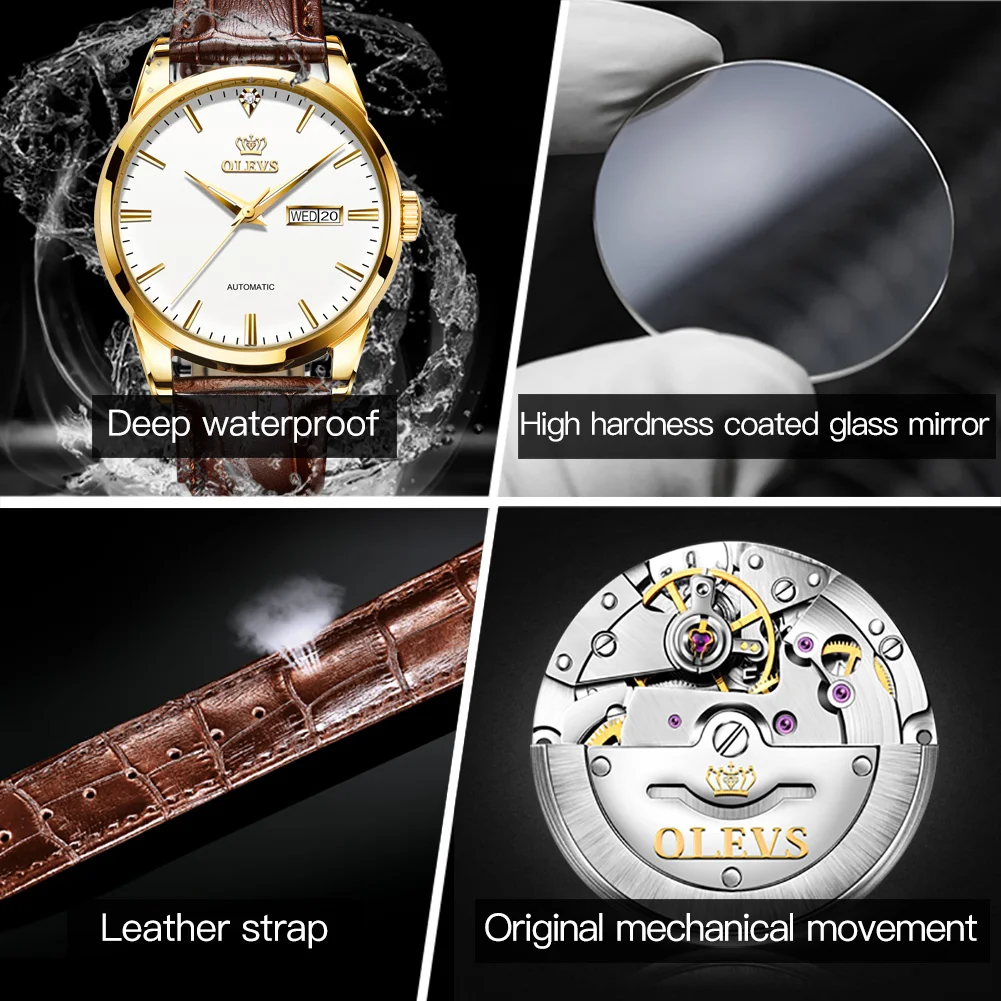 OLEVS Men's Mechanical Wrist Watch Business Classic Auto Date Clock Leather Strap Waterproof Watches Luxury Original Man Watch