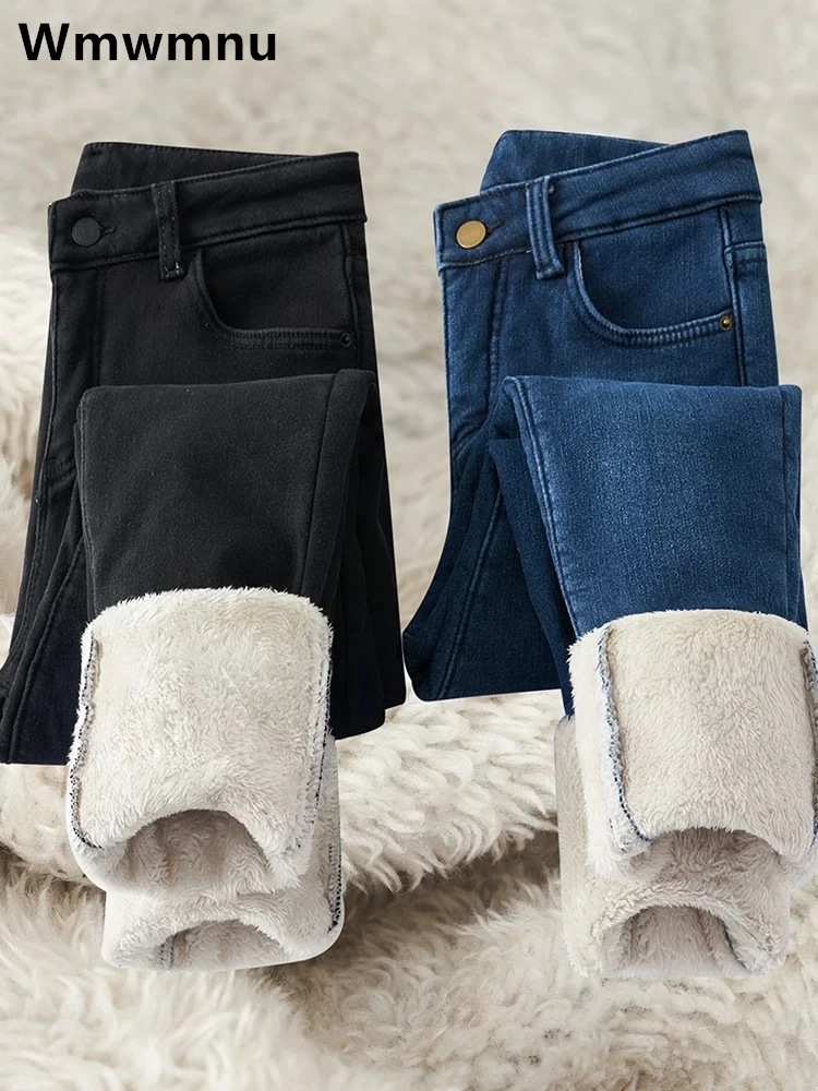 

Утолщенные зимние облегающие джинсы из овечьей шерсти, женские теплые обтягивающие джинсовые брюки-карандаш большого размера с флисовой подкладкой 34, эластичные брюки с высокой талией