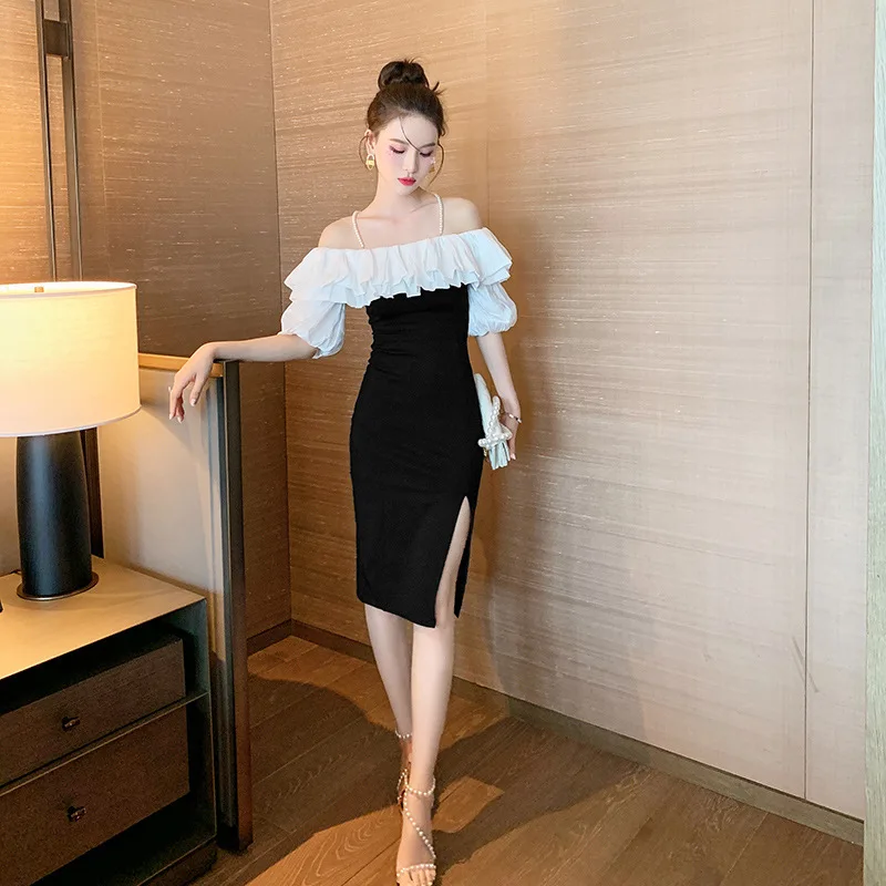 

2022 Summer Spaghetti Strap Strapless Sexy Party Dress Office Patchwork Vintage Bodycon Dress Womens High Quality Dress Vestidos