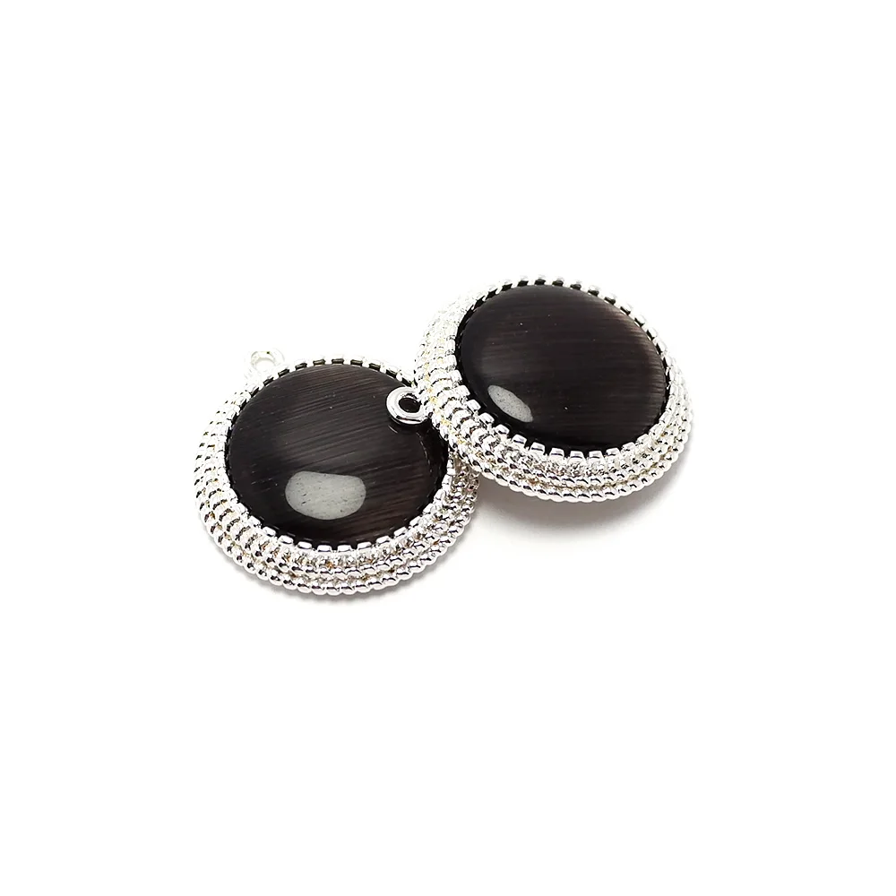 

2pcs Black Cat Eye Stone Earring Charms,Silver Plated Brass Round Pendant,Jewelry Necklace Making,Vintage-Inspired Stone Pendant