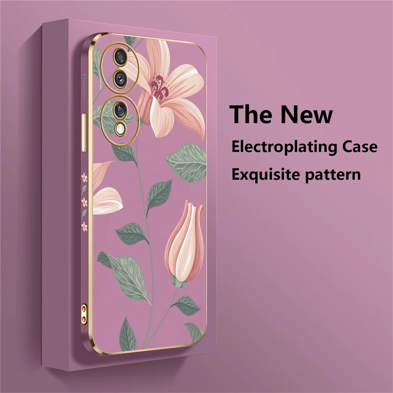 Elegant Floral Shockproof Silicone Phone Cover with Plated Edges