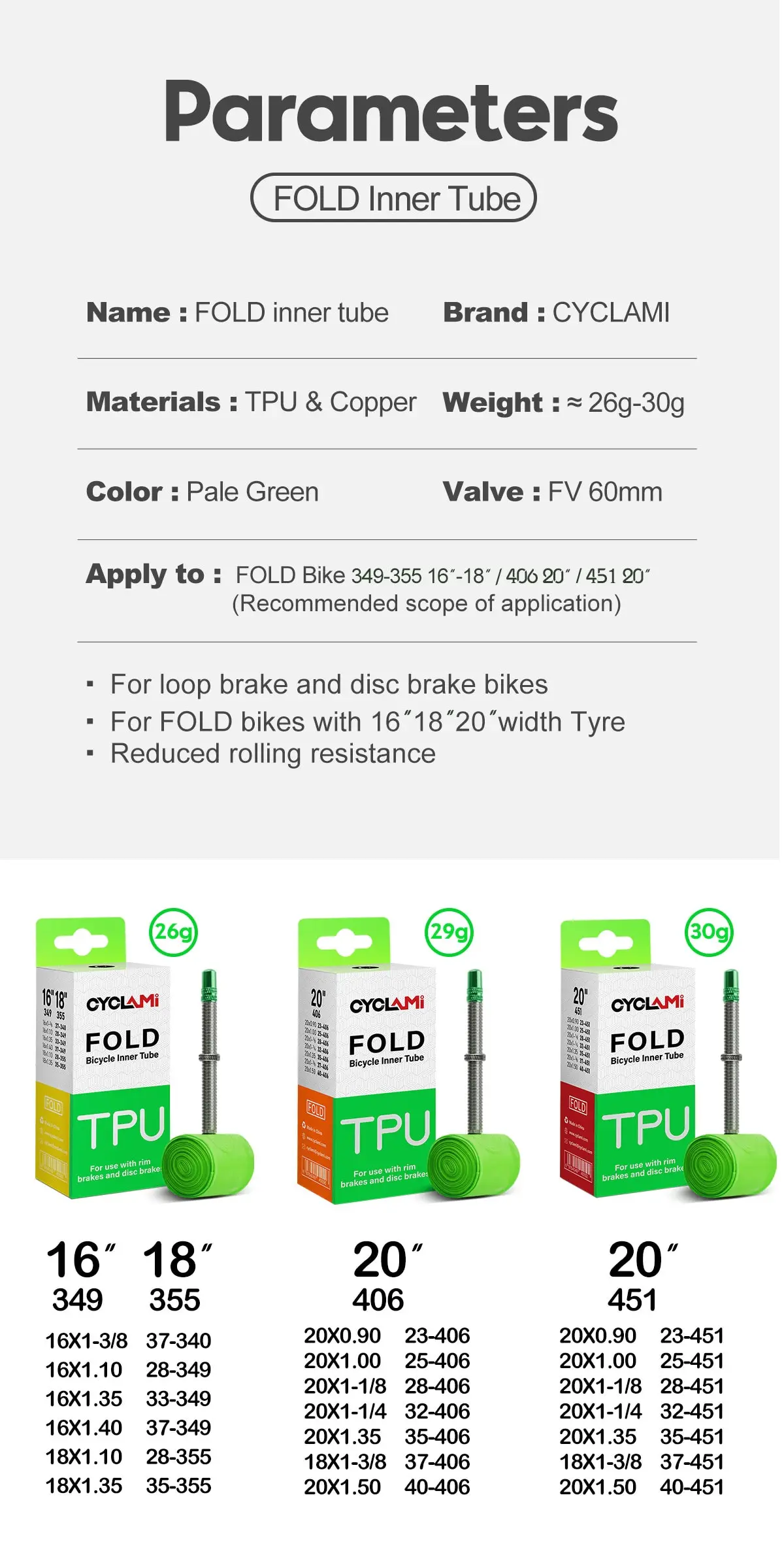 Description Picture 4 of itemCYCLAMI TPU Folding Bike Inner Tube FV 60mm 20" 406 451 16" 349 18" 355 0.9 1/1-8 1-3/8 1.35 1.5 1.4 1-1/4 Bicycle Tire Pneu