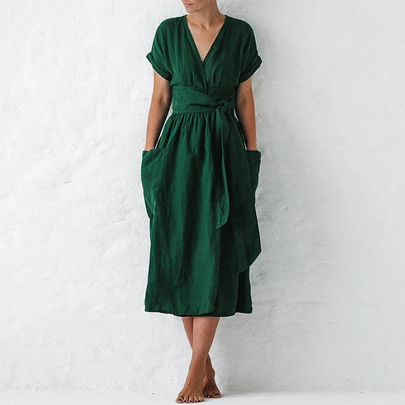 

Vintage Women Cotton Linen Dress Summer Clothing Sexy V Neck Short Sleeve Pocket Solid Mid-calf Party Dresses Vestidos