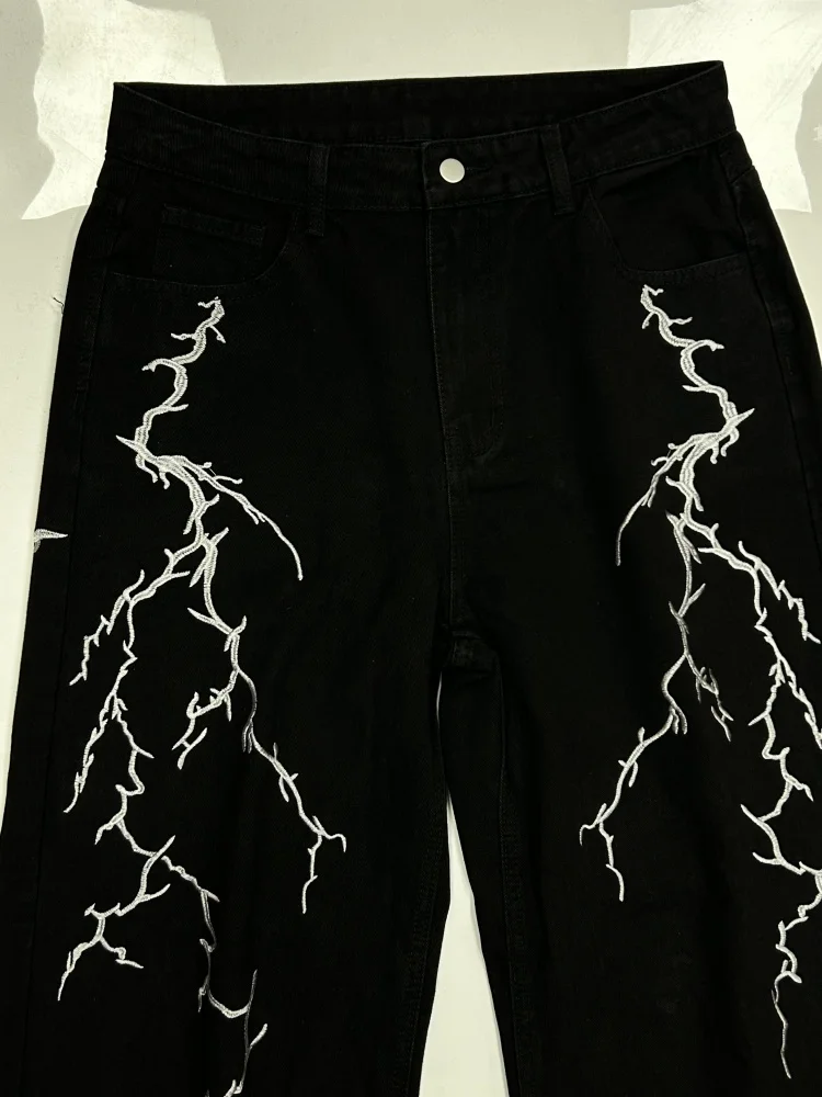 Y2k Fashion Baggy Jeans Black Men's Streetwear Straight Oversize Wide-leg Pants Vintage Lightning Pattern Loose Denim Trousers 6