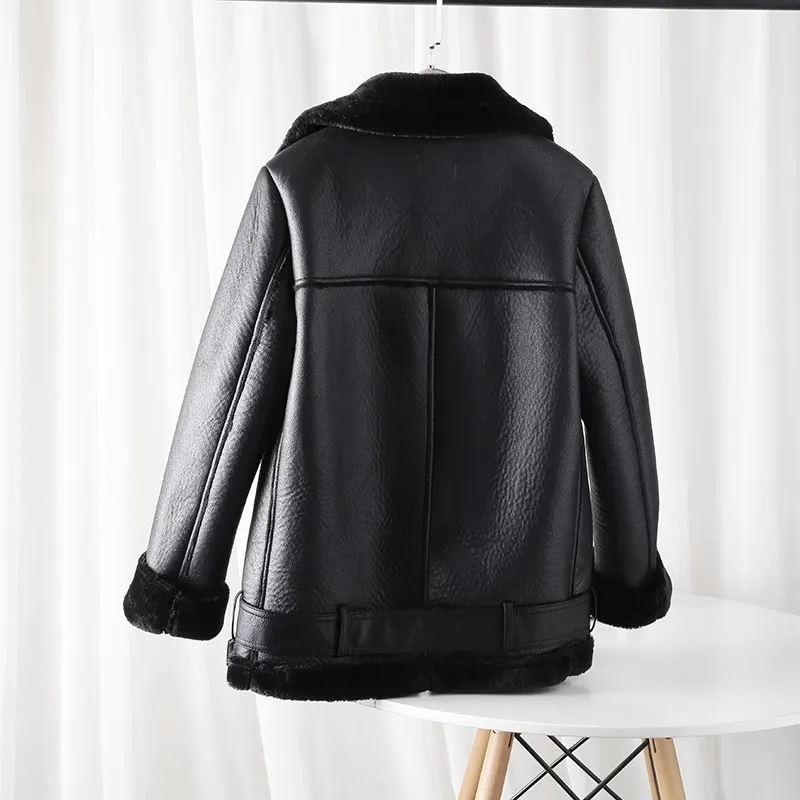 ZVRI Classic Women's 2024 Double Sided biker Jacket with Thick fur Warm black women's jacket 2