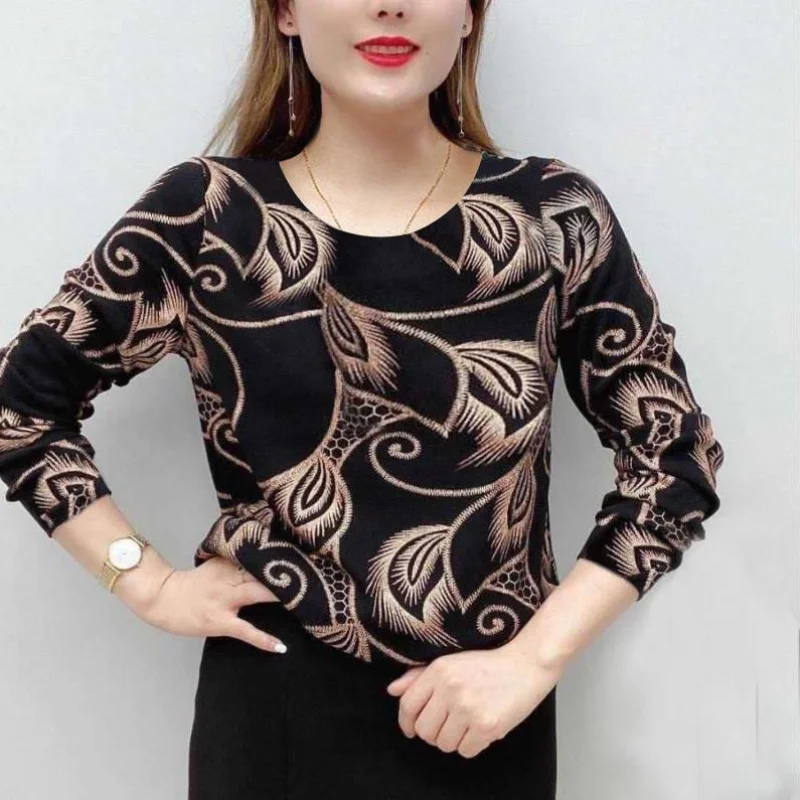 2023 Autumn and Winter New Temperament Versatile Commuting Women's Clothing Fashion Printing Round Neck Long Sleeve Pullover