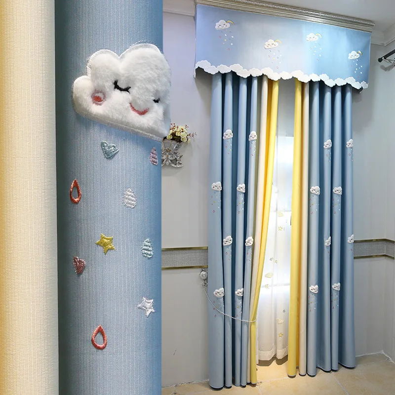 

Cloud Three-dimensional Embroidery Fresh Blue Cartoon Children's Room Curtain Boy Bedroom Girl Room Bay Window Shading