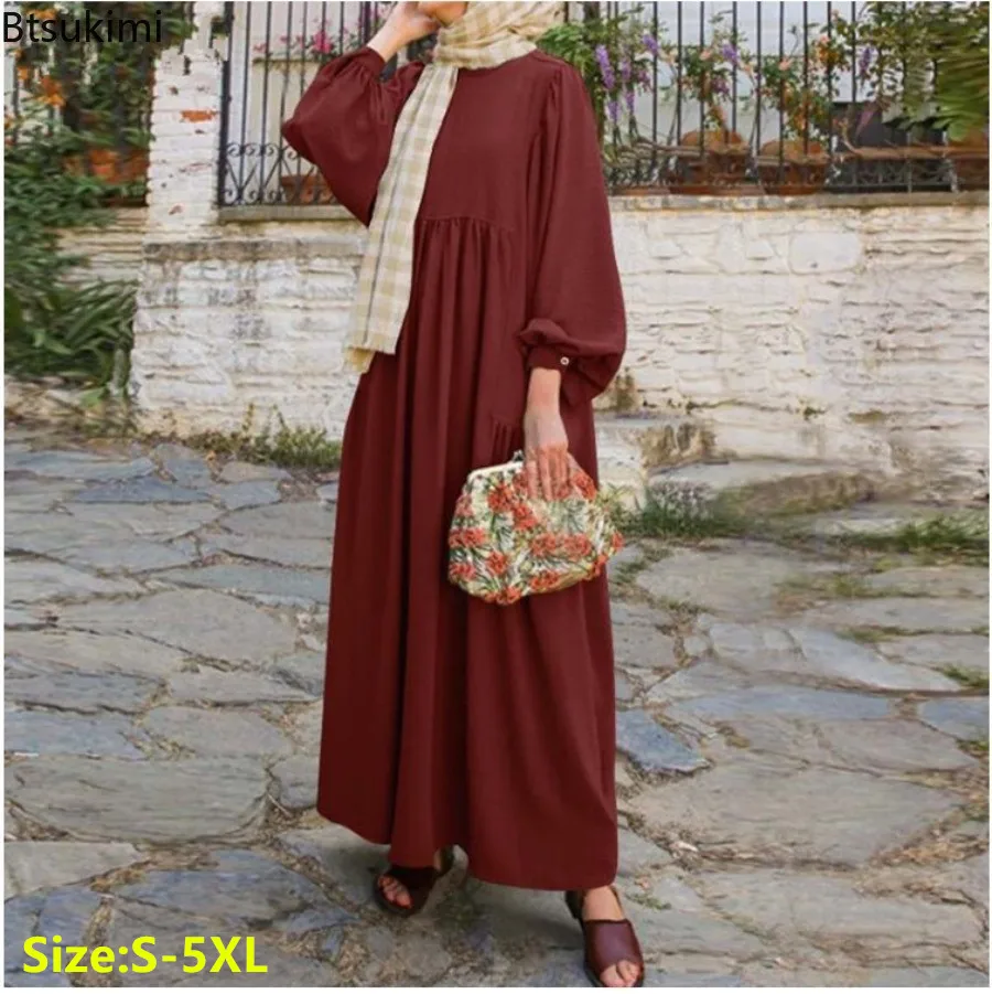

2024 Muslim Abayas for Women Fashion Vintage Puff Sleeve Maxi Dress Hijab Turkey Dubai Casual Kaftan Modest Robe Femme Vestidos