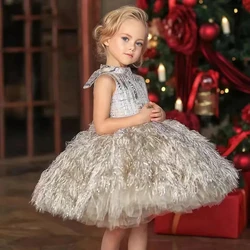Puff Feather Lush Girl Party Dresses Elegant Sleeveless Feather Girl Princess Dress Shiny Luxurious Birthday Wedding Dress Girl