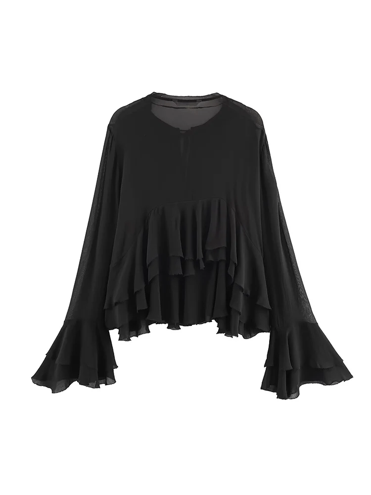 Women Chiffon Blouse 2025 Autumn New Fashion Lotus Leaf Hem With Flare Sleeve Tie  Blouse Woman Tops Lady  Loose Elegant Blouses