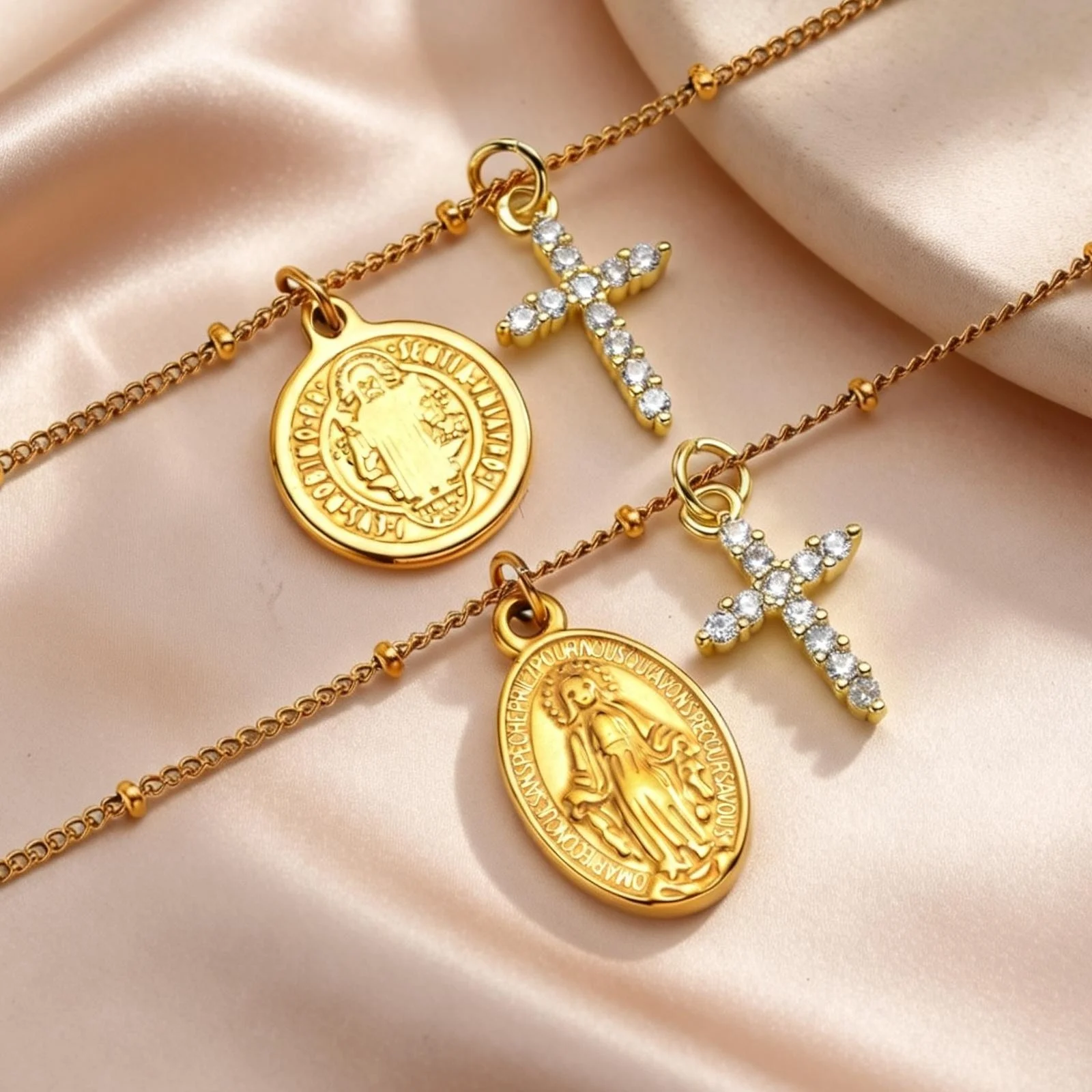  Religiöses Heilige Jungfrau Maria Zirkon-Kreuz Anhänger Armband für Frauen Edelstahl Heiliger Benedikt Charm Armband Halskette Set