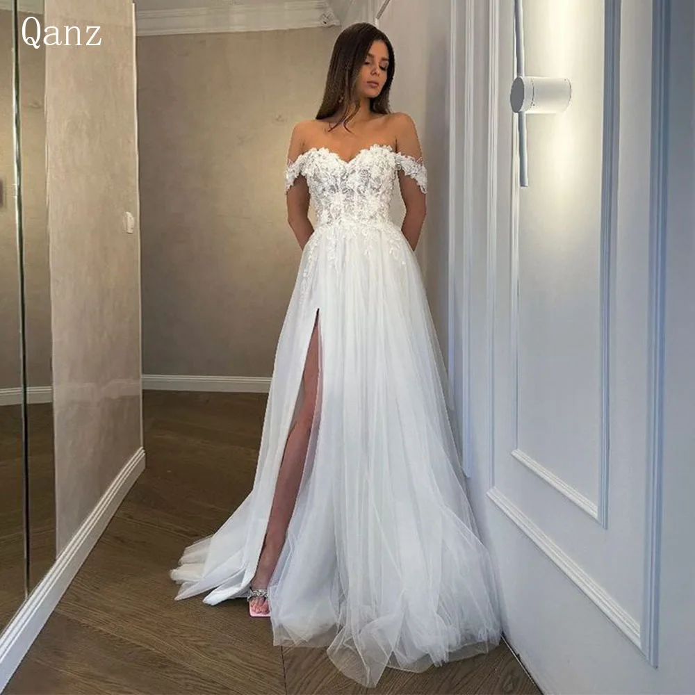 

Qanz Tulle Wedding Dresses Off The Shoulder Sweetheart Bridal Gowns Sexy Side Split Vintage Lace Appliques Country Wedding Gowns