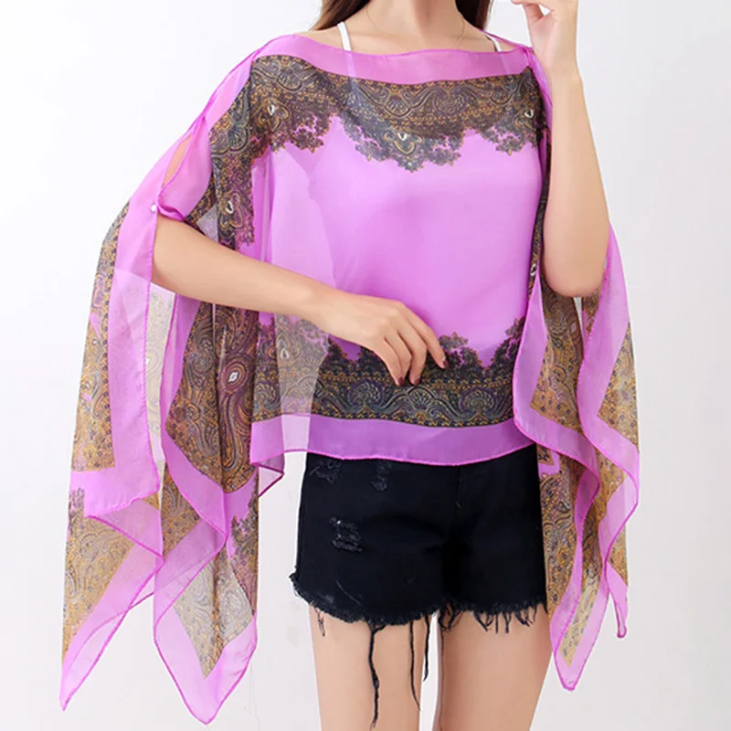 

Fashion Summer Sun Protection Chiffon Breathable Pearl Clasp Pullover Outdoor Sunshade Beach Towel Thin Soft Women's Shawl B4
