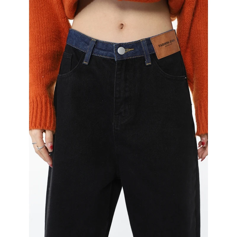 

Black Women Jeans Splicing High Waist American Fashion Vintage Wide Leg Jean Female Denim Trouser Straight Baggy Denim Pants