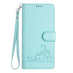 Leather Wallet Flip Cover with Cartoon Cat Design and Strap for iPhone 13 Mini (A)