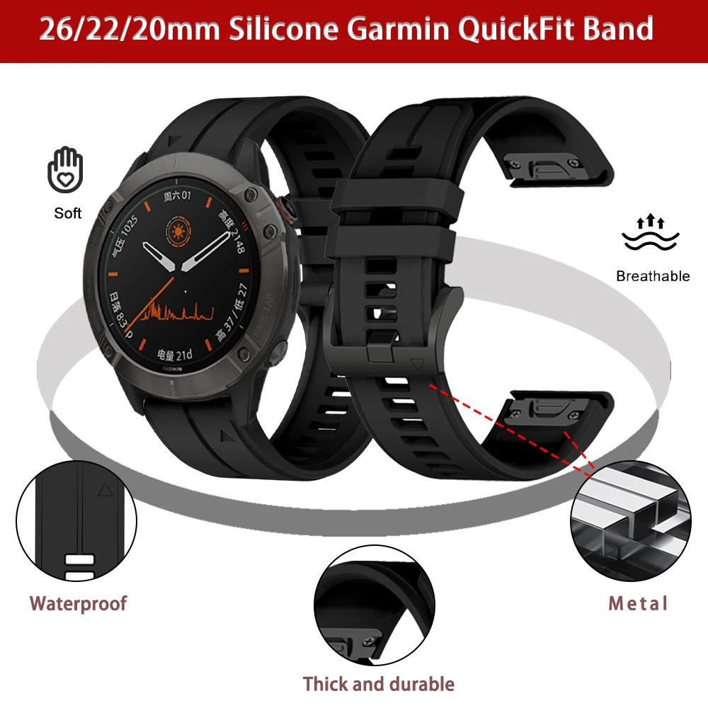 Silicone Outdoor Waterproof Watch Band with QuickFit Closure, Available in Multiple Sizes