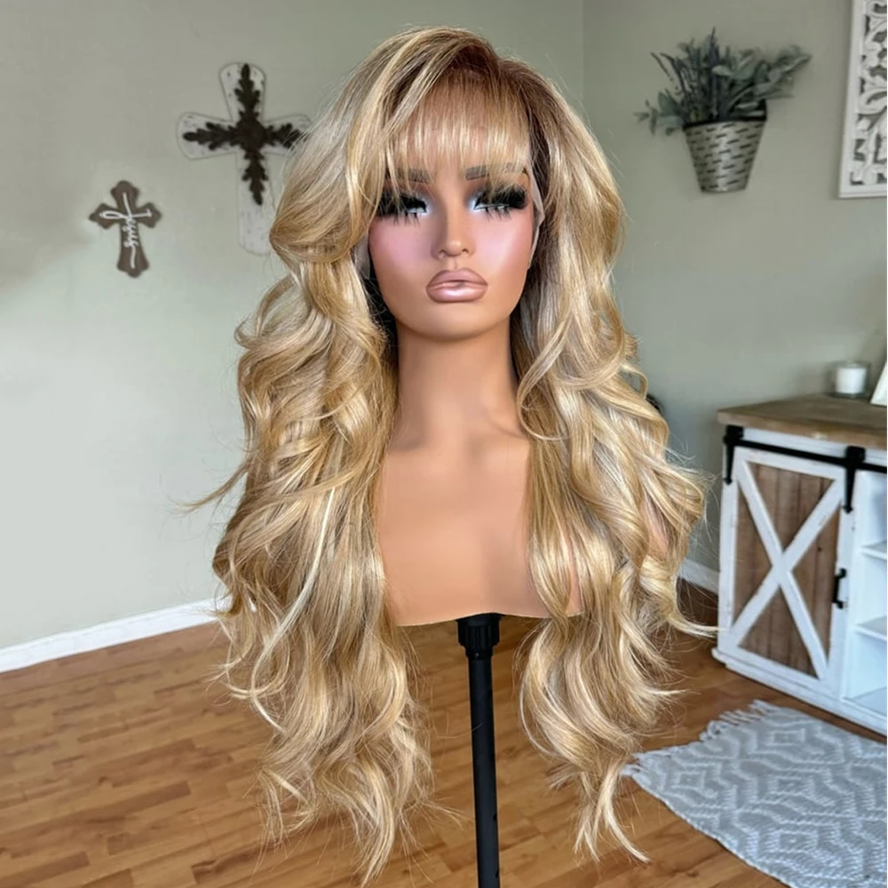 Ombre Golden Blonde Women Bangs Wig Rooted Premium Futura Fibre Synthetic Wig Heat Resistant Long Wavy Fringe Hair Natural Look
