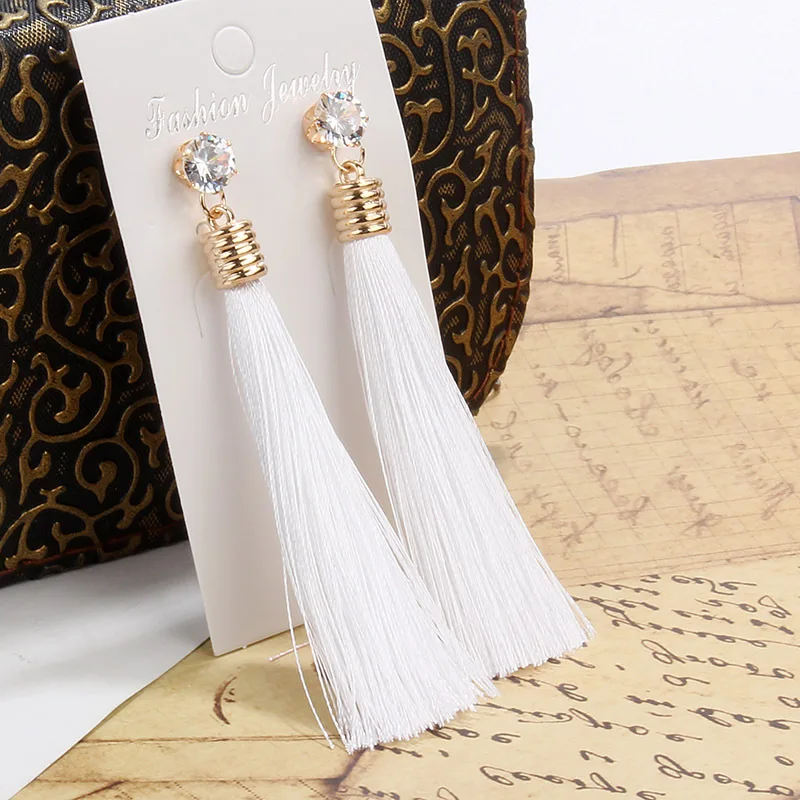 Bohemia Tassel Drop Earrings For Women Trendy Ethnic Crystal Silk Fabric Long Dangle Earring Female Fashion Party Jewelry