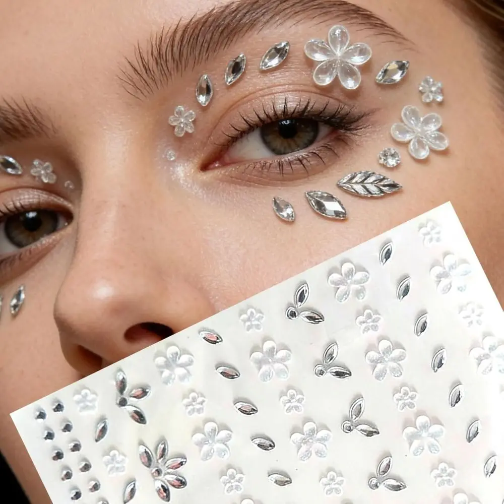 꽃 모양 타투 스티커 순색 셀프 접착식 라인스톤 페이스 주얼리 데칼 눈, 얼굴,..