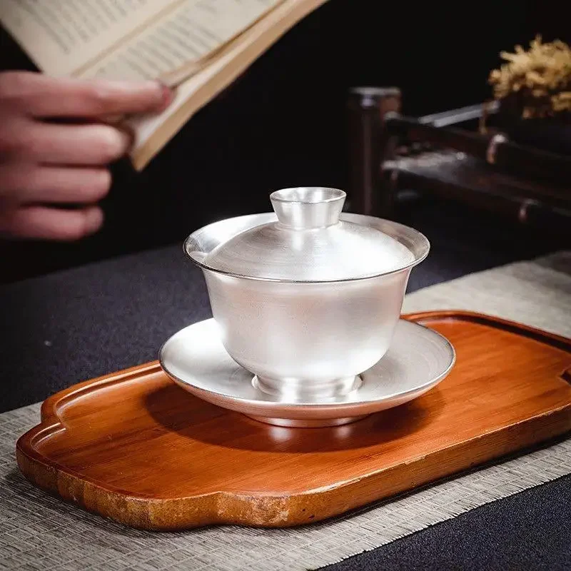 Master Hand Relief Sancai Bowl 3.3 Inches 999 Sterling Silver Covered Household Gifts High-end Tea Sets Gilt Gaiwan Supplies Bar