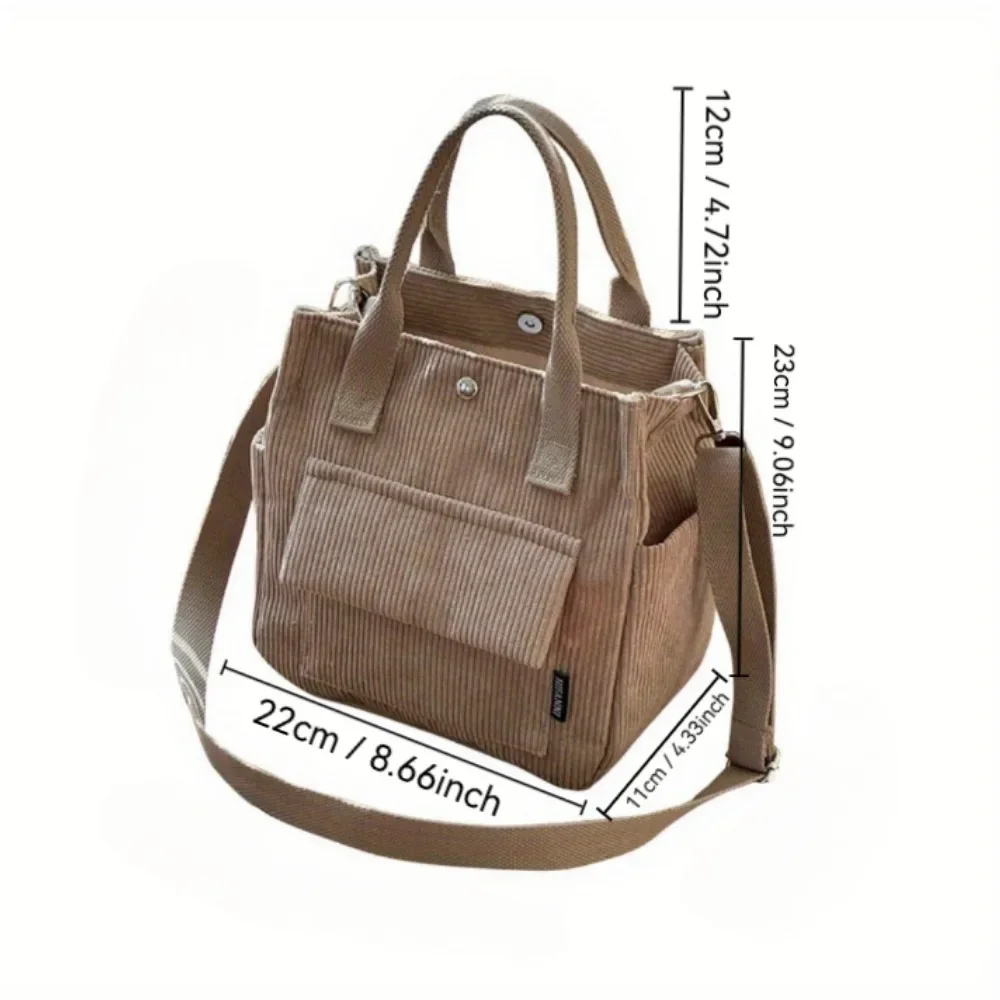 1pc Vintage Corduroy Shoulder Bag for Women, Lightweight Striped Tote with Removable Strap, Multi-Pocket Design