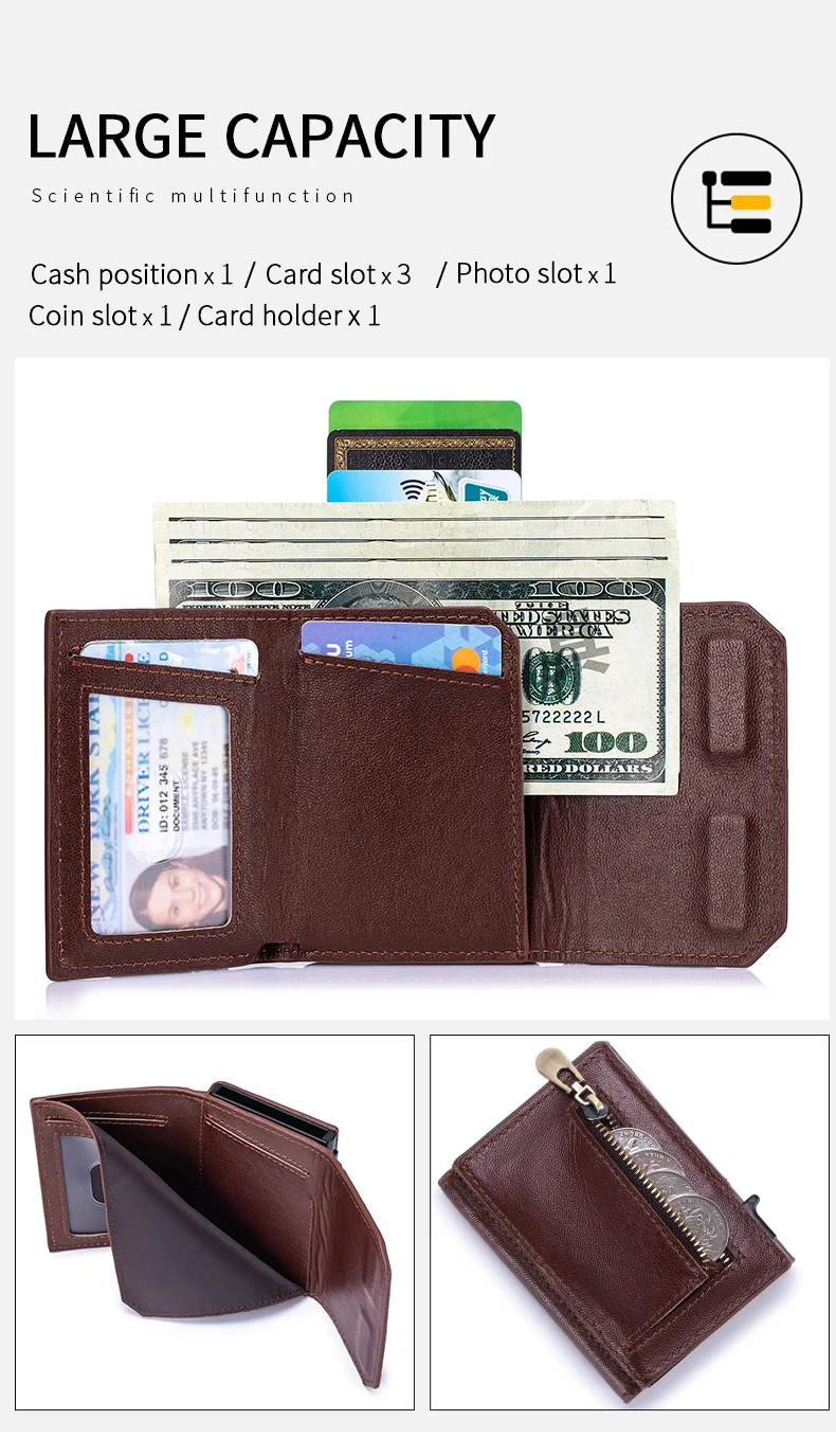Metall-Kartenhalter Pop-Up-Geldbörse für Herren Echtes Leder Dreifach Gefaltete Geldbörse Smart Minimalistisch RFID-Blockierung Vordertasche – Detail 6