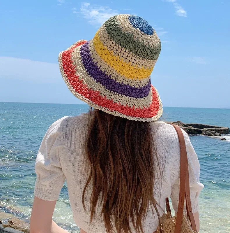 Regenbogen Strohhut Frau Sommer Sonnenblende handgemachte häkeln große Krempe Eimer Hut Damen Strand Sonnenkappe Boho Lady Mädchen Mode Kappen – Detail 7