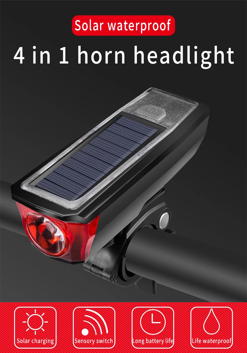 ROCKBROS Bicycle Light 2000mAh Bike Horn Light Solar USB Charge Headlight 120db Electronic Bell Smart Sensing Cycling Flashlight