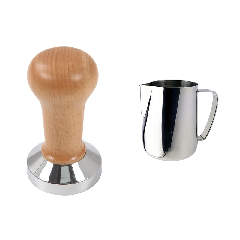 

Coffee Tamper Wooden Handle Barista Espresso Machine 51Mm & 350Ml Stainless Steel Frothing Pitcher Pull Flower Cup