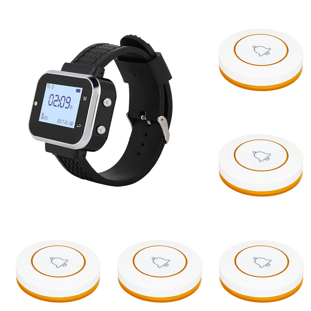Description Picture 2 of itemCATEL Wireless Calling System 5 Table Call Button Transmitters 1 Watch Pager, Restaurant Waiter Service Bell Buzzer