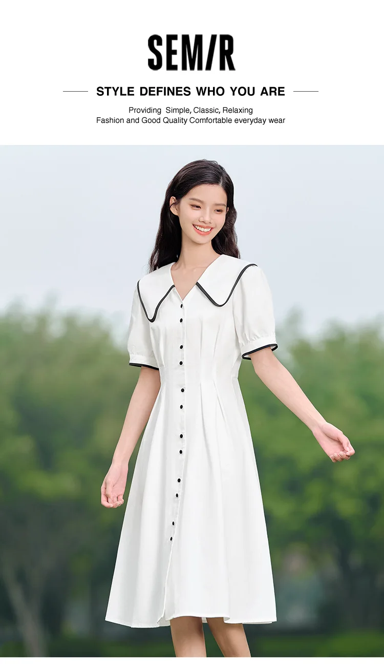 Vestido de mujer de algodón puro con mangas abullonadas, nuevo vestido de verano con bloques de color, solapa grande y largo medio, estilo universitario.