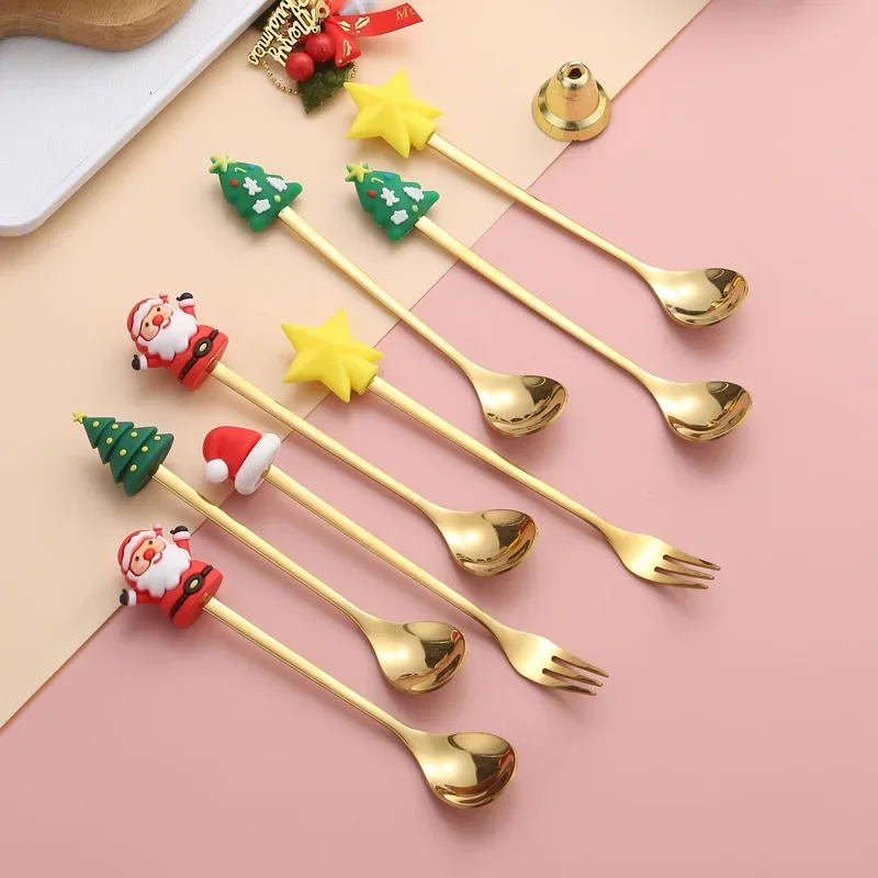 1/2/4/6pcs fancy christmas cartoon Doll gift sets stainless steel christmas tableware coffee spoon and fork set with gift box