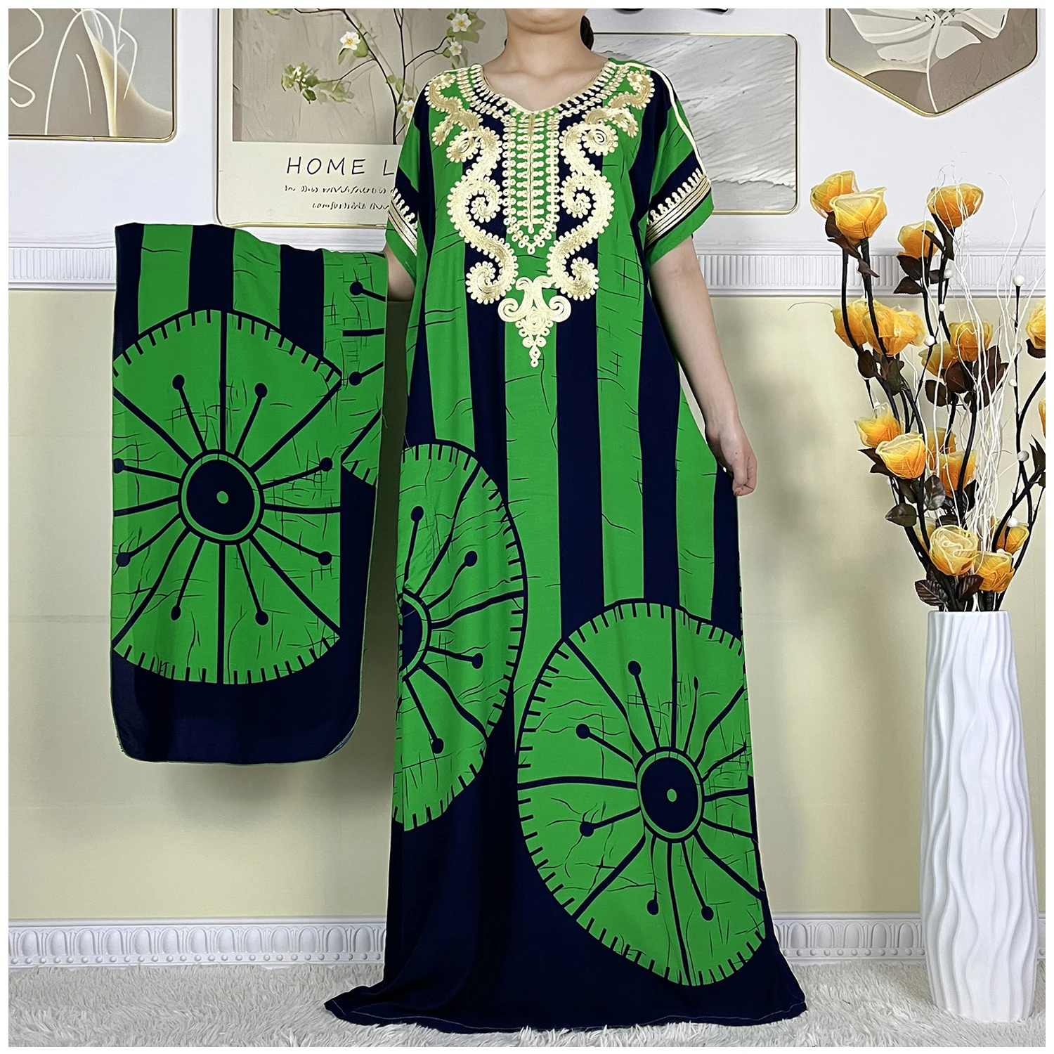 2024 New Style Summer Loose Short Sleeve Dress African Dashiki Pattern Printing Soft Cotton Woman Elegant Maxi Islam Lady Abaya