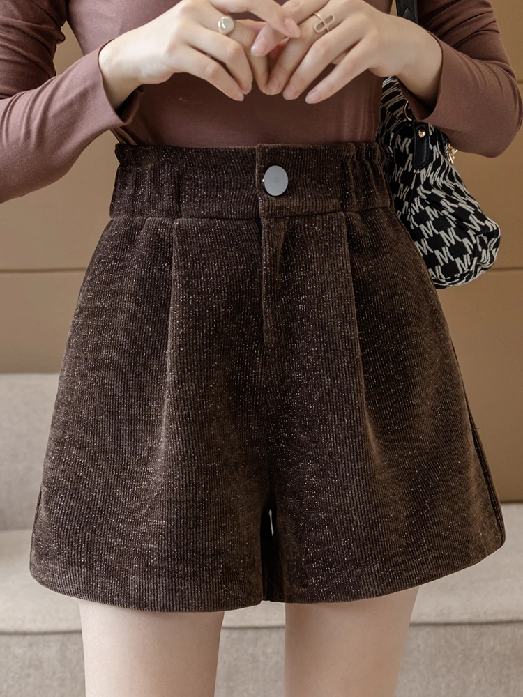 

QOERLIN Women High Waist Elastic Corduroy Button Zipper with Pockets Short Mini Skirt Fashion Black Brown Shorts Boot Shorts
