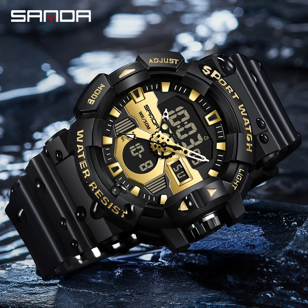SANDA 2024 New Men's Watches Dual Display Watch 50M Waterproof Sports Military Quartz Wristwatch Clock Relogio Masculino 3129