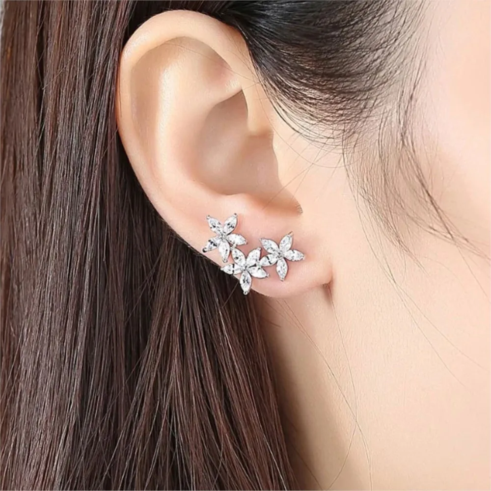 Silver Color Classic Zircon Flower Stud Earrings for Women Elegant Sweet Earrings Party Jewelry Gifts