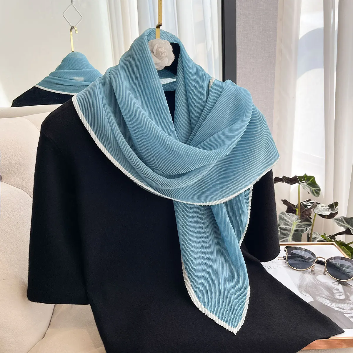 Women Pleated Satin Solid Scarf Headscarf long Shawl Sun protection Hair Tie Band HandKerchief Satin Foulard Scarves Decorative