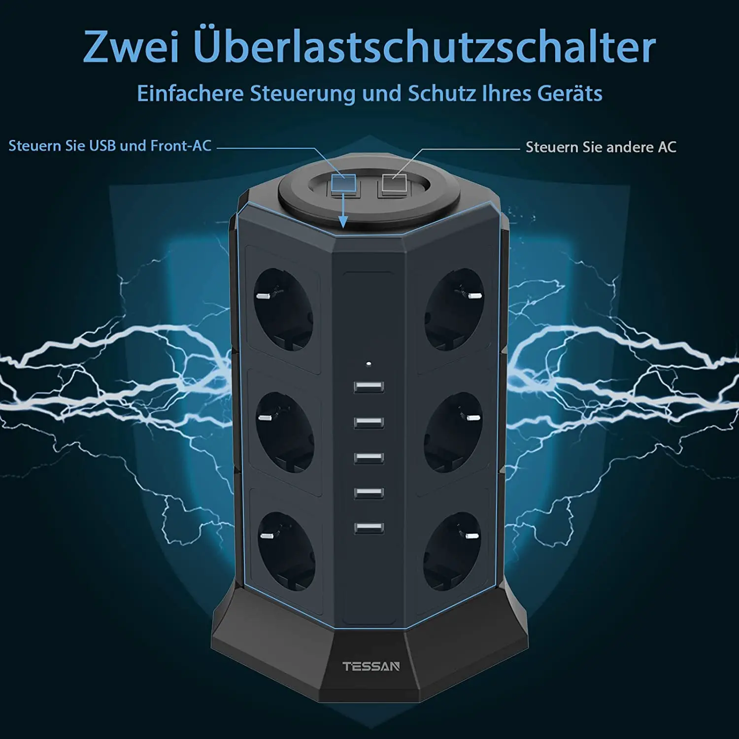 HOVNEE Tour Multiprise, 12 Prises, 5 Ports USB Protection Contre Les  Surcharges et Les Surtensions, Ligne en cuivre Pur de 2 m